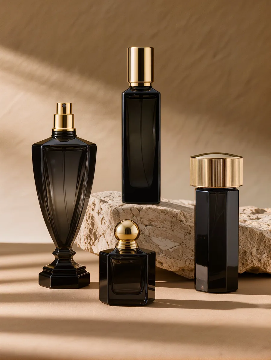 Línea de perfumes premium sobre piedra
